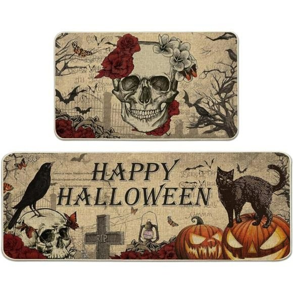 Halloween Kitchen Mat,  Non Skid Washable Set of 2, Skull (17"x29"&17"x47") - Picture 1 of 6